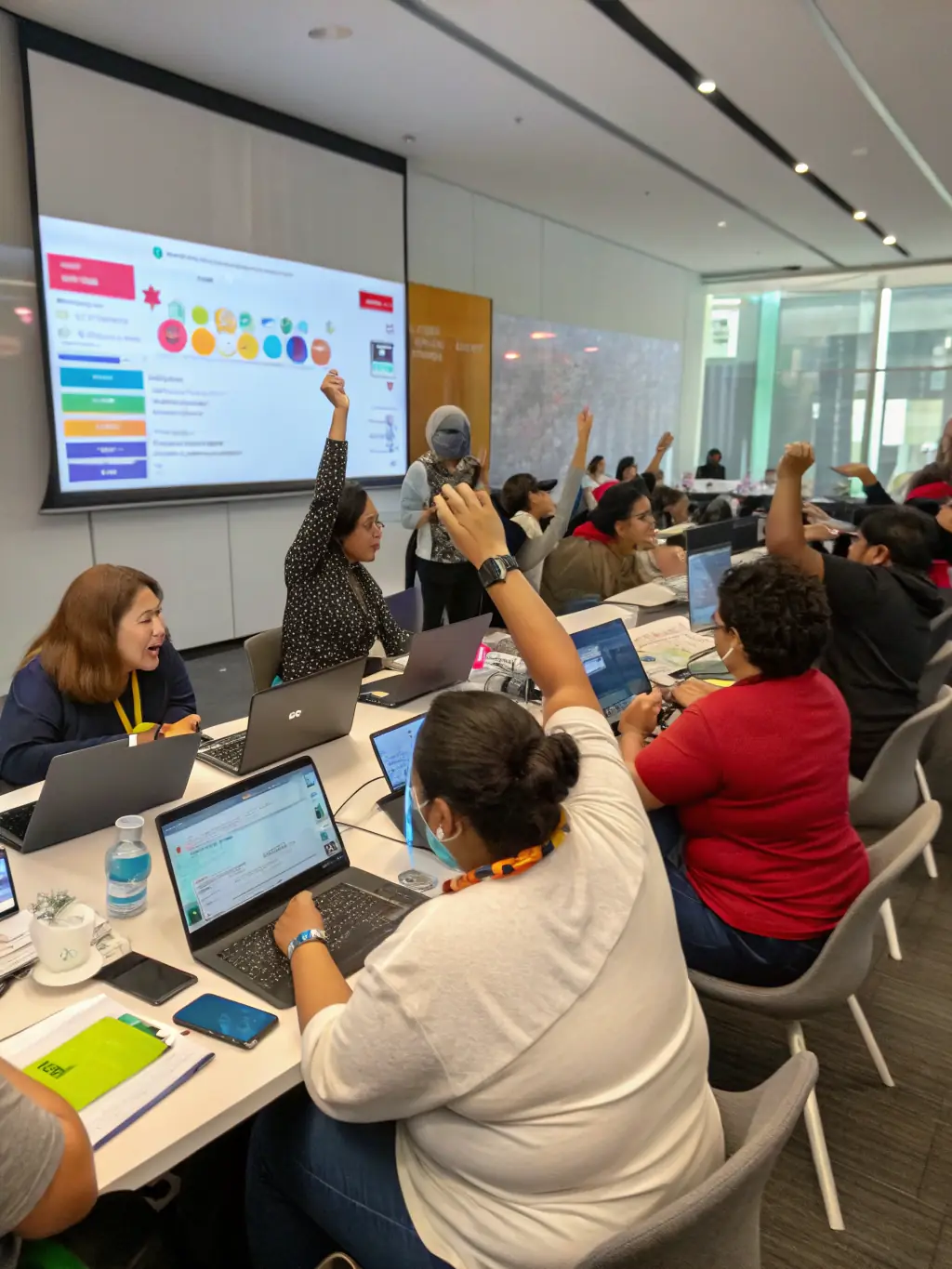 A visually appealing image of a workshop session at a WaveEngine conference in Birmingham, highlighting hands-on learning and interactive participation.