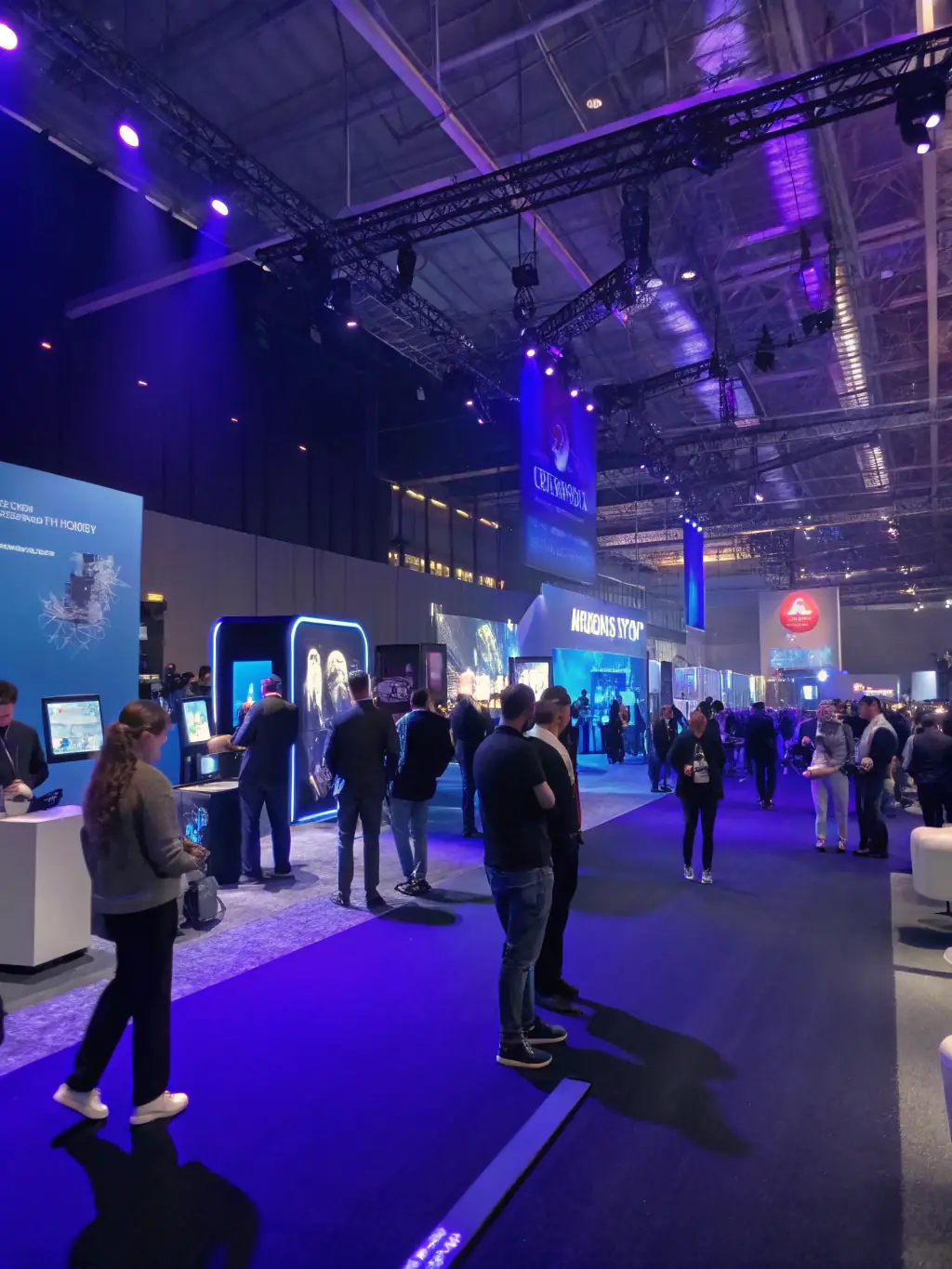 A captivating image of the exhibition floor at a WaveEngine conference in Edinburgh, showcasing innovative tech products and solutions from various sponsors and exhibitors.
