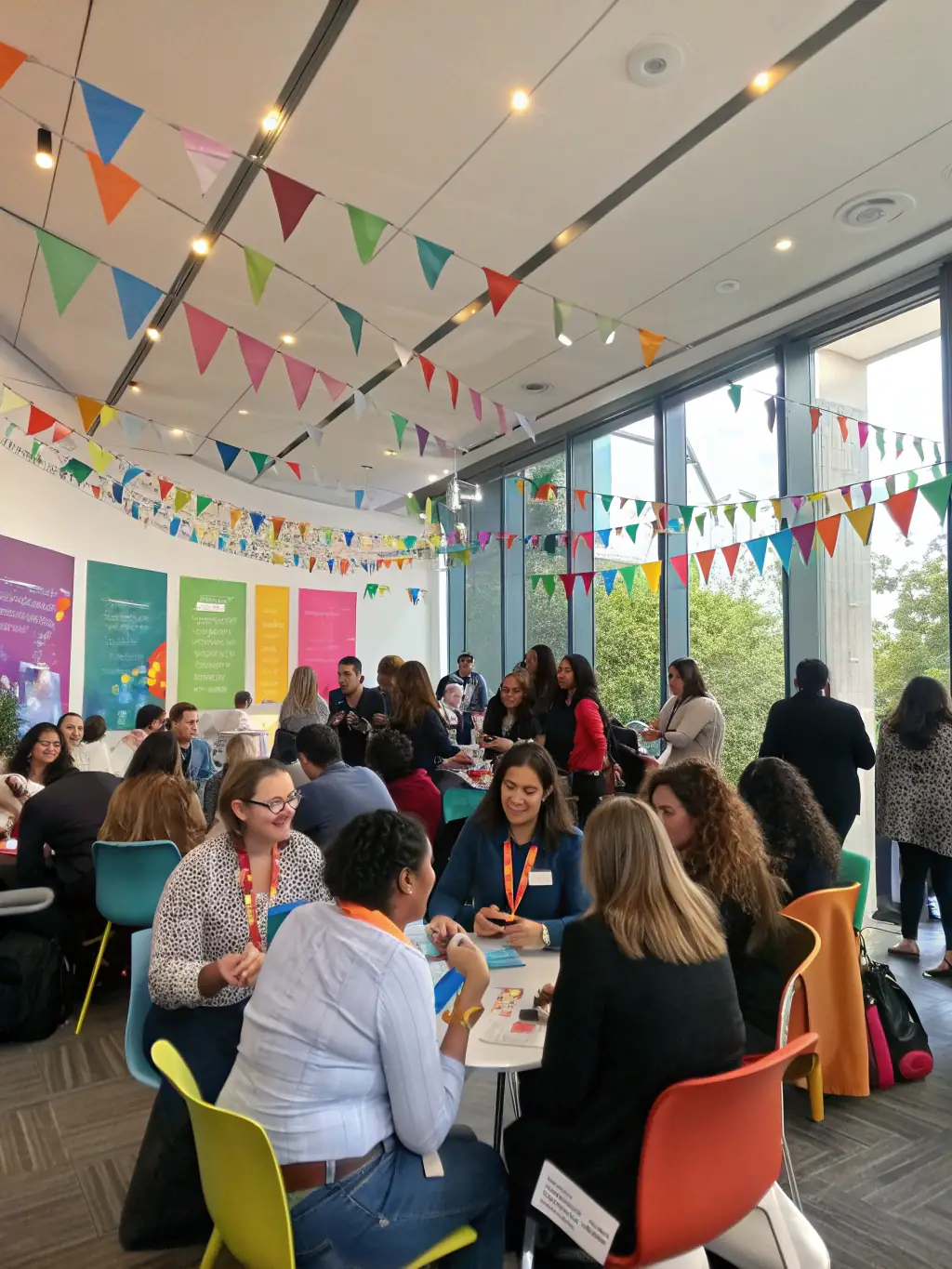 A vibrant photo capturing a networking session at a WaveEngine conference in Manchester, showcasing attendees actively engaging in discussions and exchanging ideas.