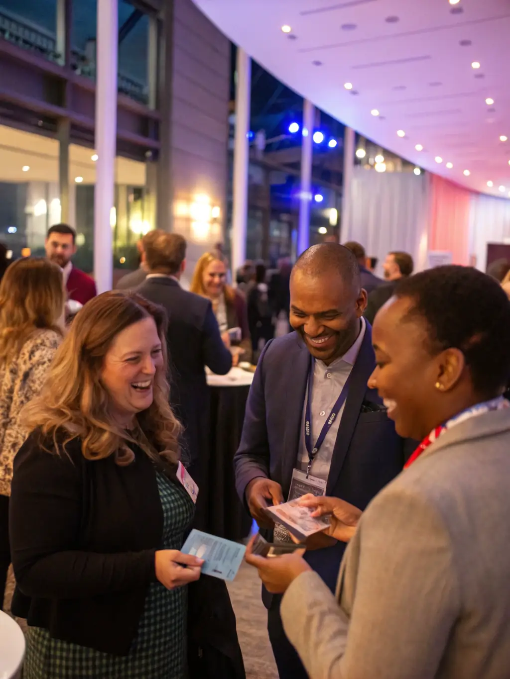 A vibrant photo of a networking event at a tech conference in Edinburgh, showcasing professionals connecting and exchanging ideas.