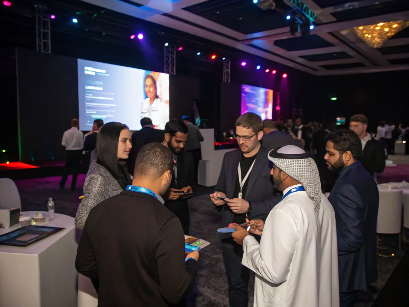 A group of people networking at a tech conference, with sponsor logos prominently displayed in the background.